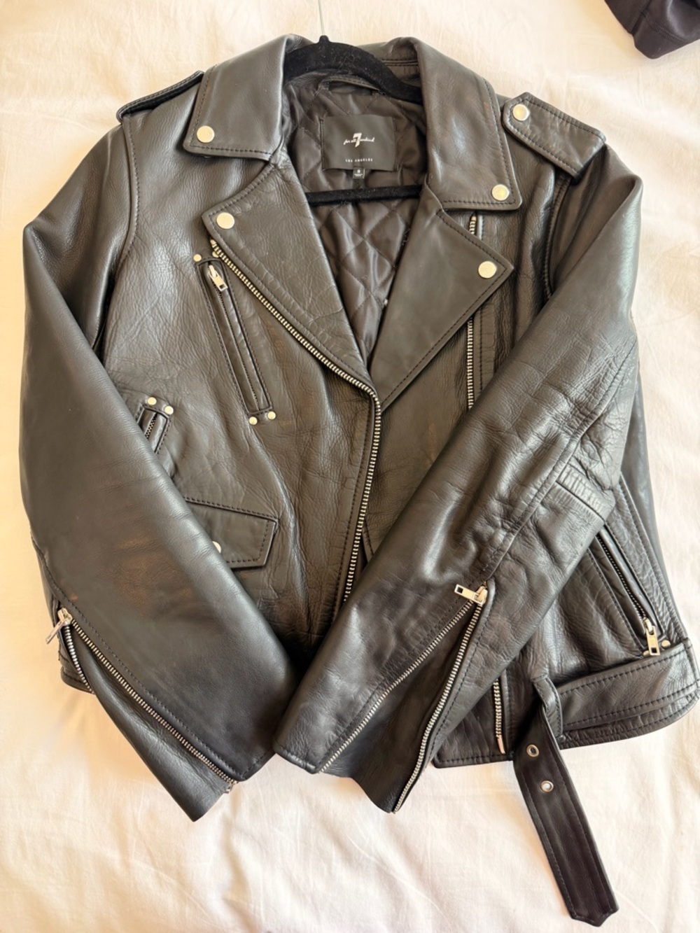 7 For All Mankind Black Leather Moto Biker Jacket with Silver Hardware